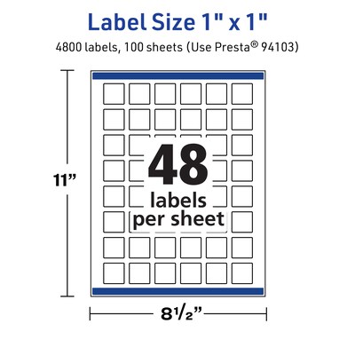 Avery TrueBlock Laser/Inkjet Square Multipurpose Labels, 1" x 1", White, 4800 Labels/Box (94103)