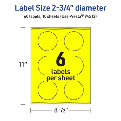 Avery Round Laser/Inkjet Multipurpose Labels, 2.75" Dia, Neon Yellow (60/Pack)