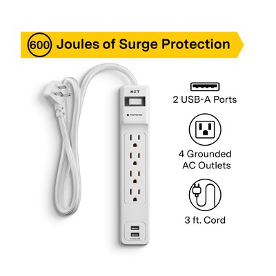 NXT Technologies™ 4-Outlet 2 USB Surge Protector, 3' Cord, 600 Joules (NX54310)