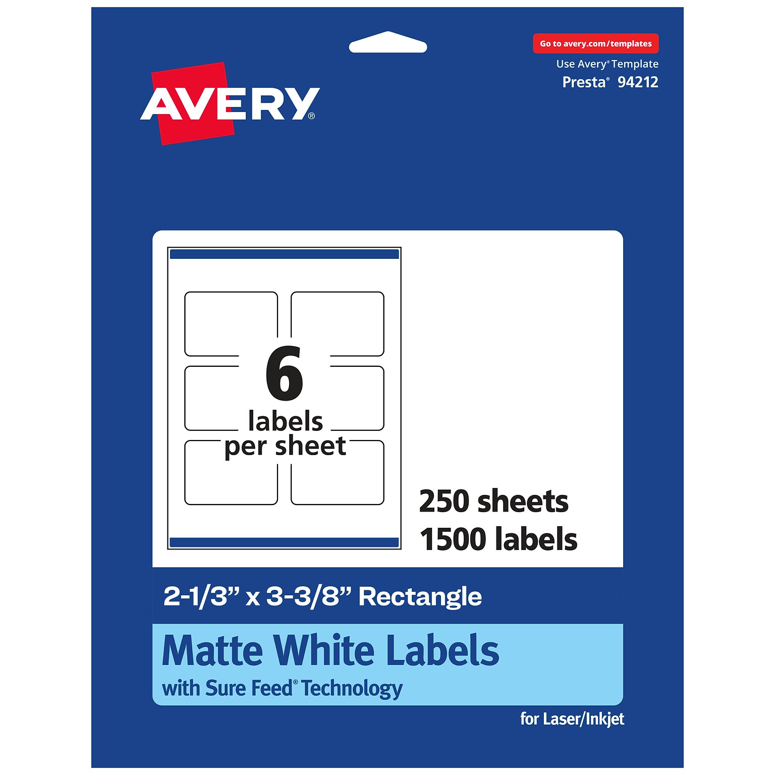 Avery Laser/Inkjet Multipurpose Labels, 3.375  x 2.3333, Matte White, 1500/Box (94212)