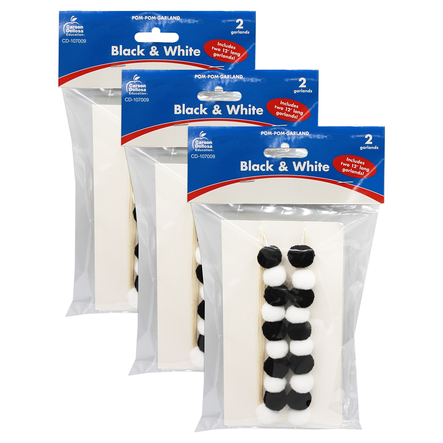 Carson Dellosa Education Black & White Pom-Pom Garland, 12 Feet, 2/Pack, 3 Packs/Bundle (CD-107009-3)