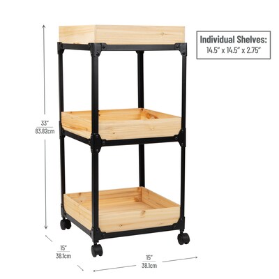 Mind Reader Woodland Collection 3-Shelf Mixed Materials Mobile Utility Cart with Lockable Wheels, Black (3TCARRY-BLK)