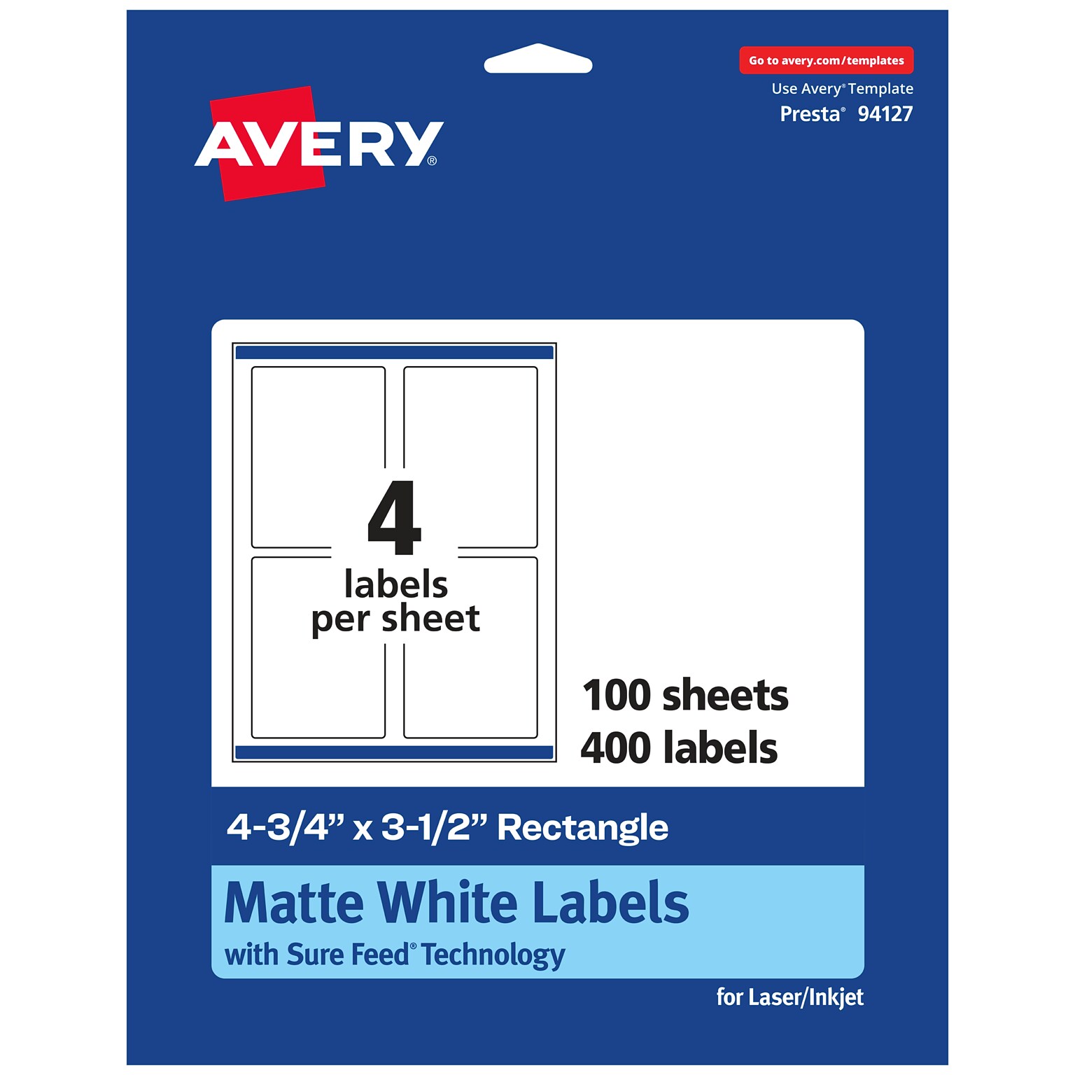 Avery Laser/Inkjet Multipurpose Labels, 3.5  x 4.75, Matte White, 400/Box (94127)