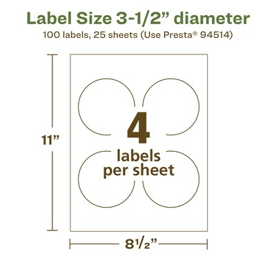 Avery EcoFriendly Laser/Inkjet Circle Multipurpose Labels, 3-1/2" Dia., White, 100/Pack (94514)