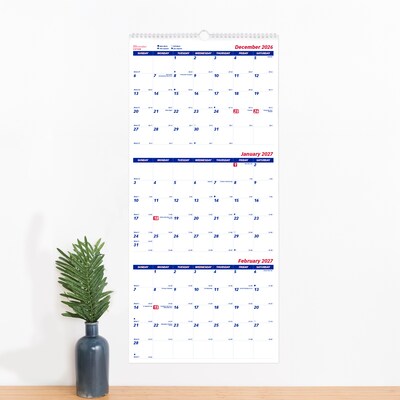 2026-2027 Brownline Classic 12.25" x 27" Three-Month Wall Calendar, White (C171128-27)