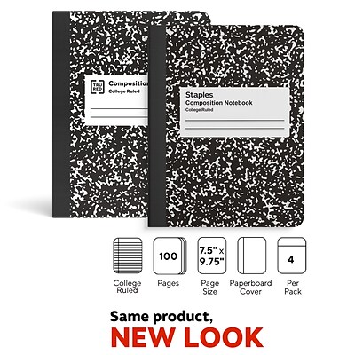 Staples® Composition Notebook, 7.5 x 9.75, College Ruled, 100 Sheets, Black/White Marble, 4/Pack (ST58371B)