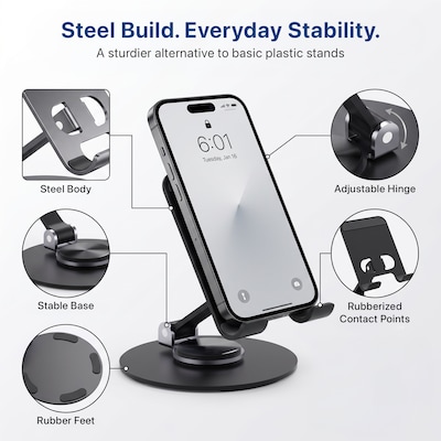 Uncaged Ergonomics Swivel Cell Phone Stand with 360° Rotation and Adjustable Tilt, Foldable Metal Design, Black (SPS-Black)