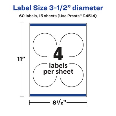 Avery Laser/Inkjet Circle Multipurpose Labels, 3.5" Dia., White, 60 Labels/Pack (94514)