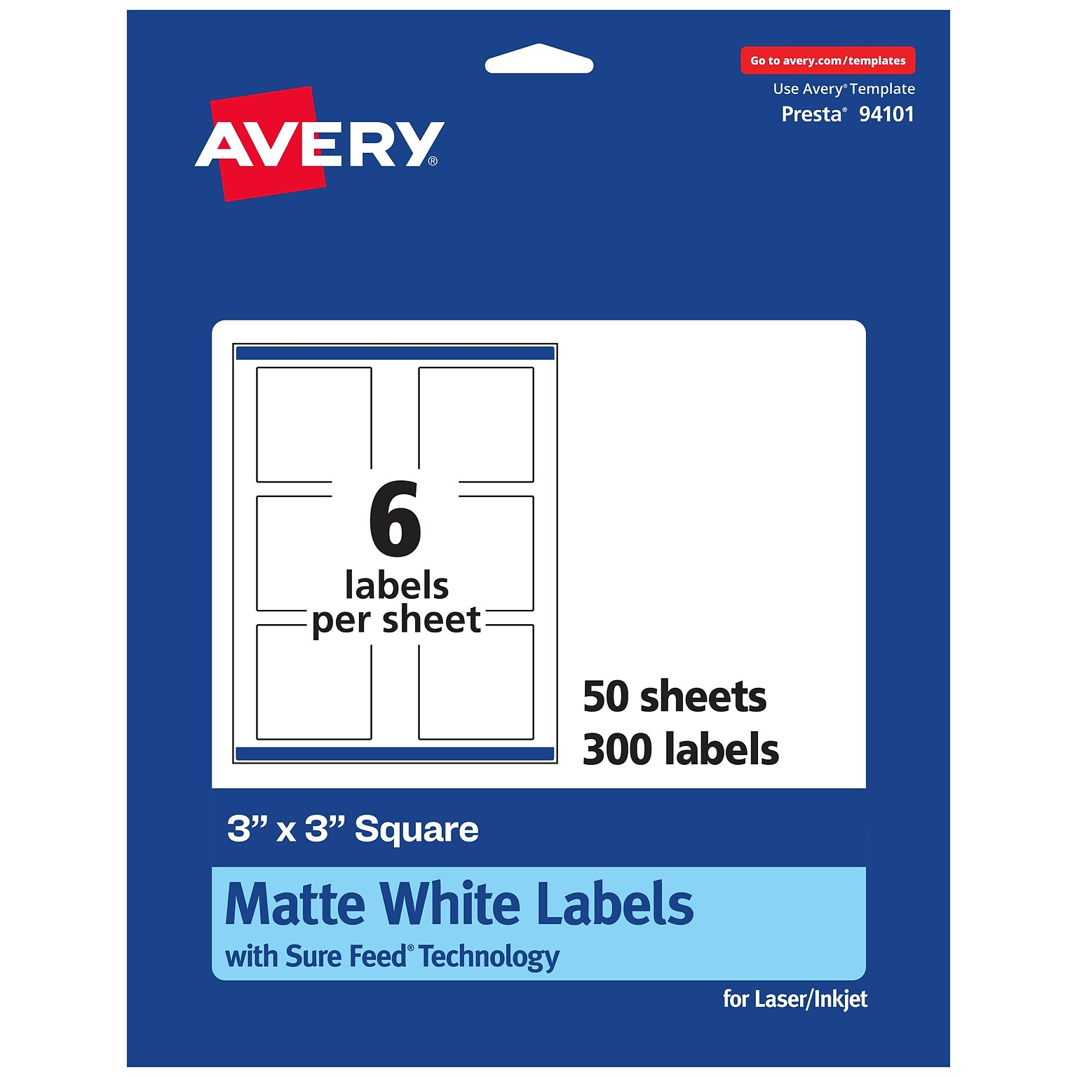 Avery Laser/Inkjet Square Multipurpose Labels, 3 x 3, Matte White, 300 Labels/Box (94101)