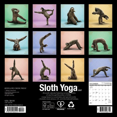 2027 Willow Creek Sloth Yoga 7 x 7 Monthly Wall Calendar, Assorted Colors (64214)