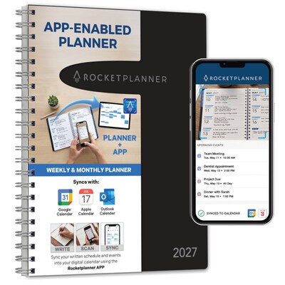 2027 Rocketbook Rocketplanner 9 x 11 Calendar Year Weekly & Monthly Planner, Plastic Cover (RKPL-CY27-8-BK)