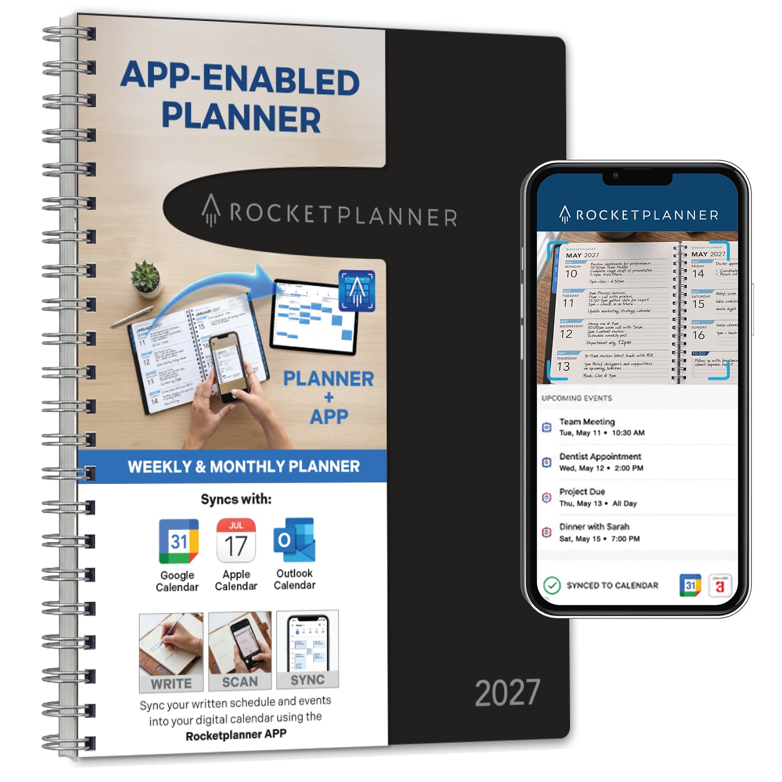 2027 Rocketbook Rocketplanner 9 x 11 Calendar Year Weekly & Monthly Planner, Plastic Cover (RKPL-CY27-8-BK)