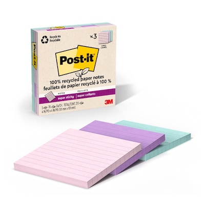 Post-it Recycled Super Sticky Notes, 4 x 4, Wanderlust Pastels Collection, Lined, 70 Sheets/Pad, 3
