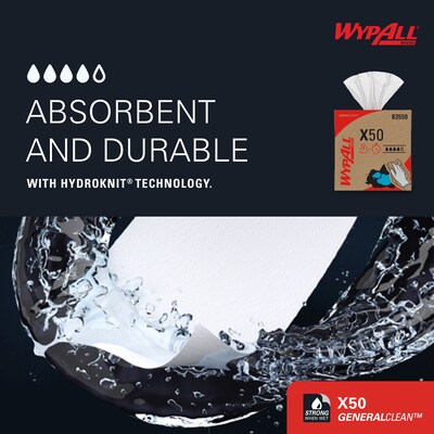 WypAll GeneralClean X50 Cloth Cleaning Wipers, 12.5" x 9.1", White, 168 Wipers/Box, 10/Carton (83550)