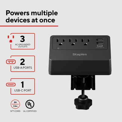 Staples TECH 3-Outlet 3-USB Port Surge Protector, 5, 900 Joules, Black (ST62770)