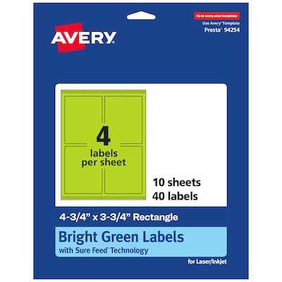Avery Printable Rectangle Multipurpose Labels, 4.75 x 3.75, Bright Green, 40/Pack (94254)