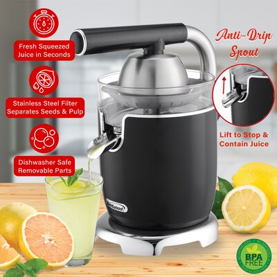 Brentwood® 200-Watt Electric Citrus Juicer with 2 Cones and Stainless Steel Lever, Black (J-28BK)