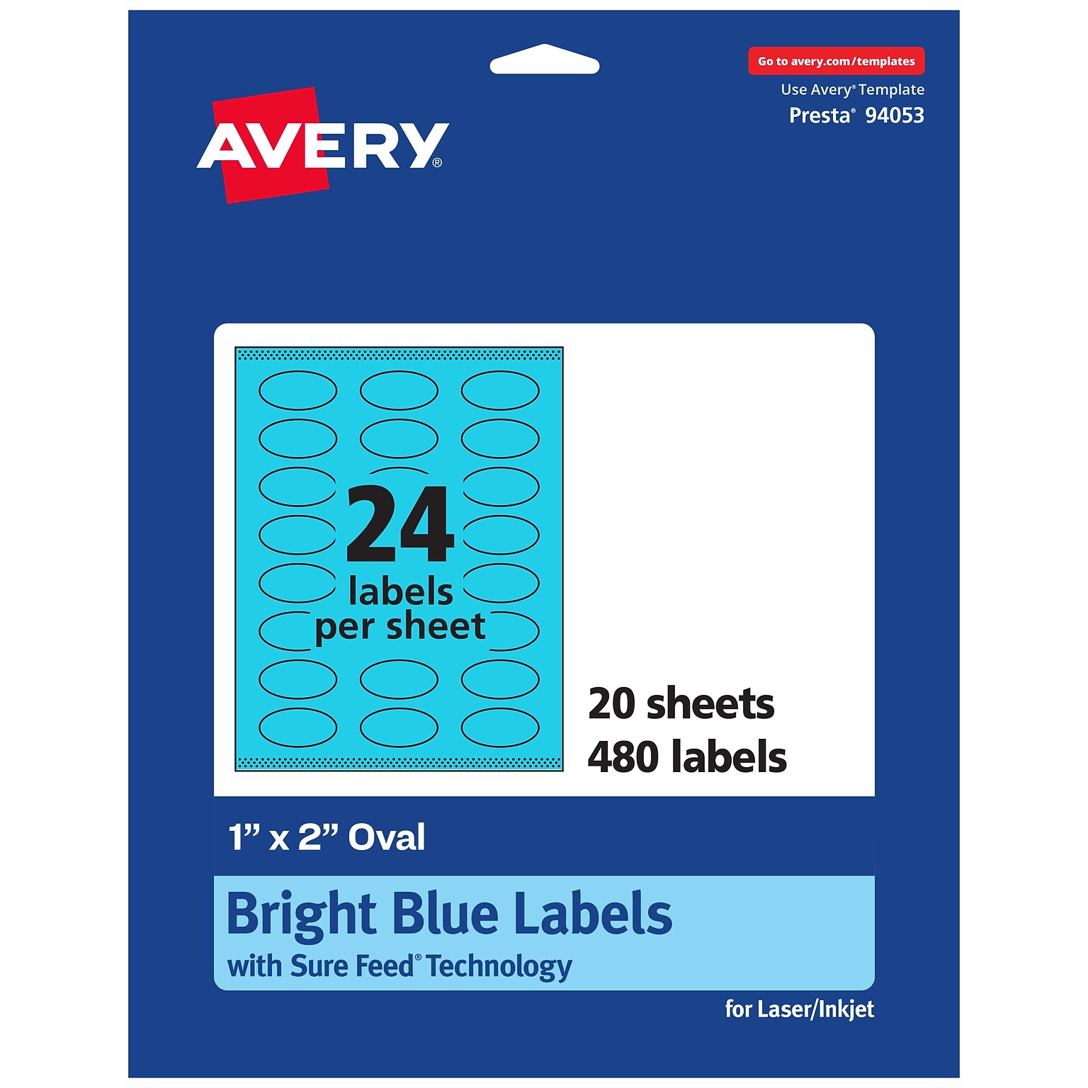 Avery Printable Oval Multipurpose Labels, 1 x 2, Bright Blue, 480/Pack (94053)