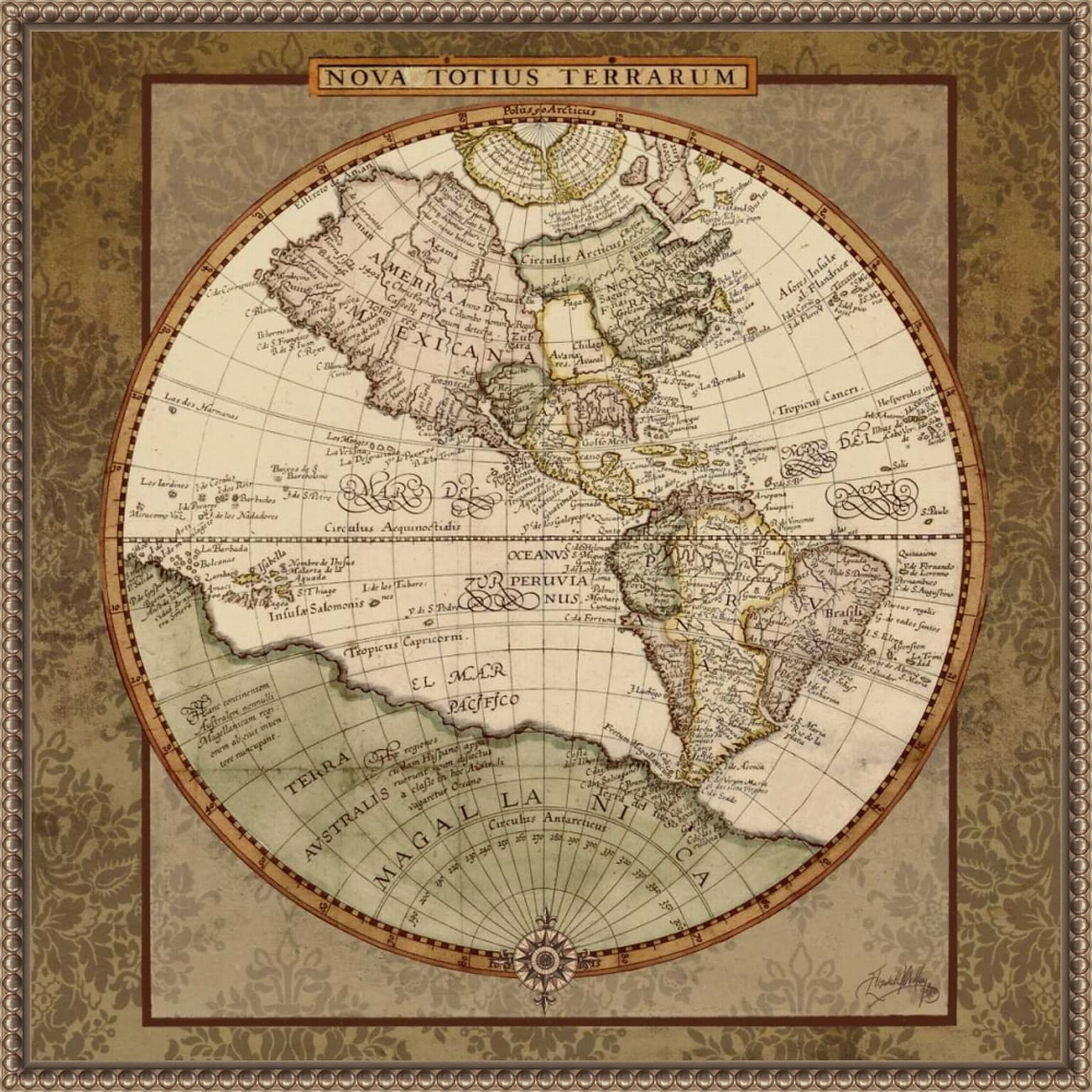 Amanti Art Damask World Map I by Elizabeth Medley Framed Canvas Wall Art Print, 22 x 22 (A42678299413)