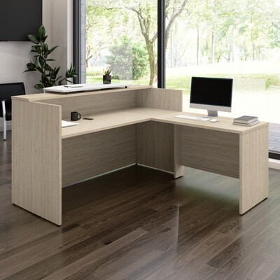 Bush Business Furniture Arrive 72"W L Shaped Reception Desk with Counter, Natural Elm (ARV009NE)