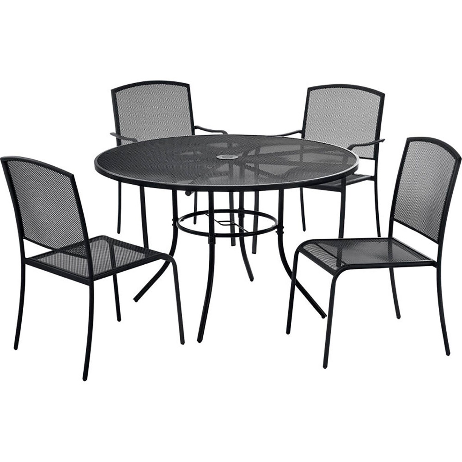 Global Industrial Mesh Cafe Table and Chair Set, 48 Round, 4 Armchairs, Black (695971)