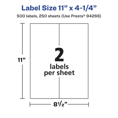 Avery Laser/Inkjet Multipurpose Rectangle Labels, 11" x 4.25", White, 500 Labels/Box (94266)