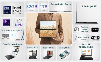ASUS Zenbook DUO 14 Dual OLED Touchscreen AI Laptop, Intel Core Ultra 9 285H, 32GB RAM, 1TB SSD, Wi