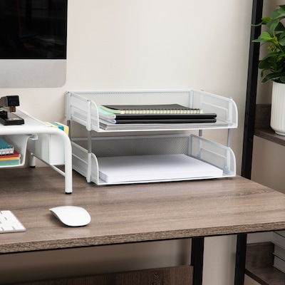 Mind Reader 2-Tier Stackable Paper Desk Tray, File Storage, Metal, White, 2/Pack (ESTACK2-WHT)