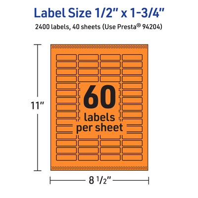 Avery Laser/Inkjet Multipurpose Rectangle Labels, 0.5" x 1.75", Bright Orange, 2400/Pack (94204)