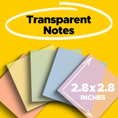 Post-it Transparent Sticky Notes, 2.8 x 2.8, Assorted Colors, 36 Sheets/Pad, 5 Pads/Pack (600-5PAS