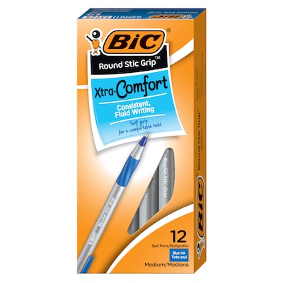 BIC Round Stic Grip Xtra Comfort Ballpoint Pens, Medium Point, 1.2mm, Blue Ink, Dozen (GSMG11BE)