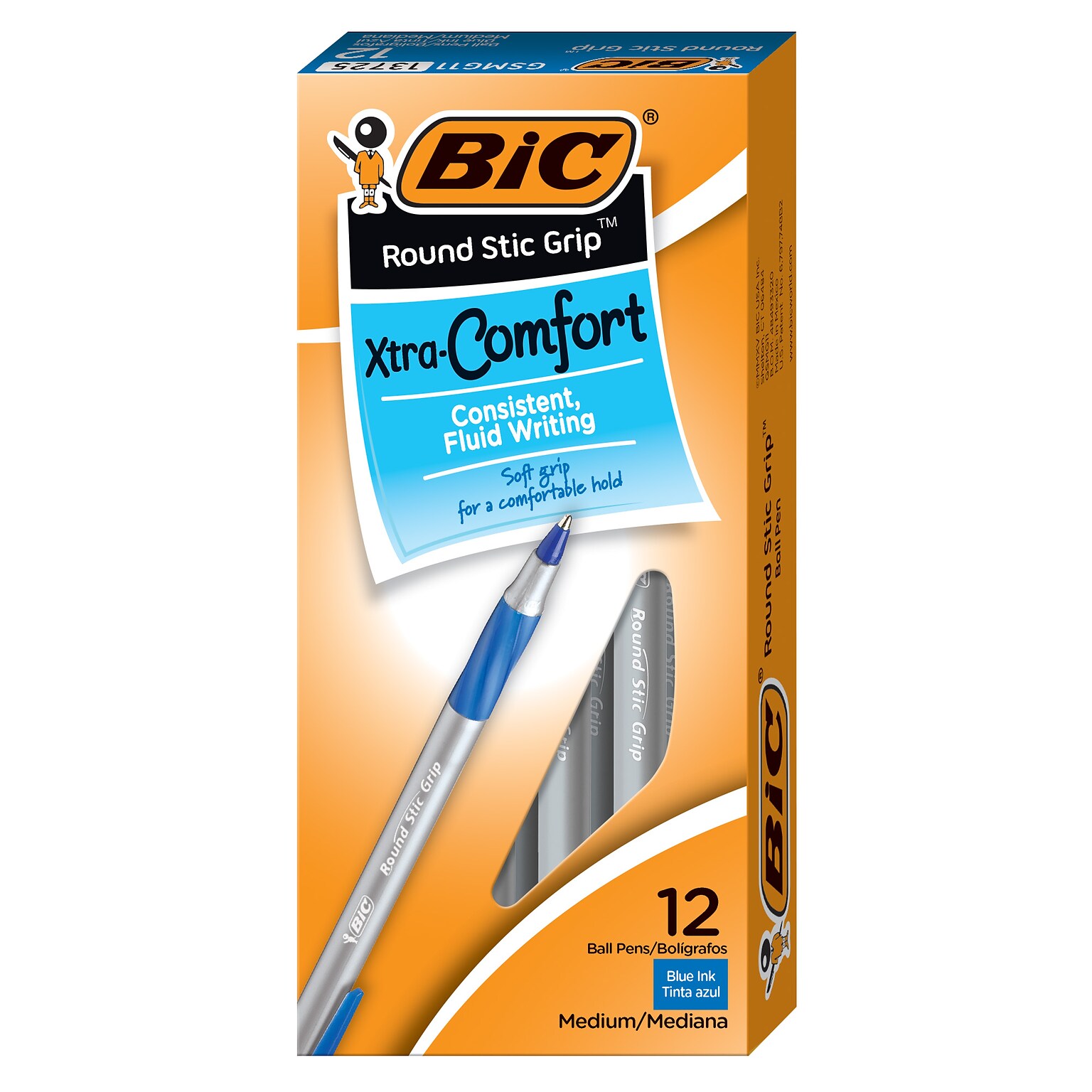 BIC Round Stic Grip Xtra Comfort Ballpoint Pens, Medium Point, Blue Ink, 12/Pack (GSMG11BE)