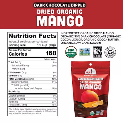 Mavuno Harvest Organic Dried Mango Dipped in Dark Chocolate Fruit Snacks, 3 oz., 6 Bags/Pack (MAHW-CMN36PK)