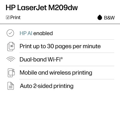 HP LaserJet M209dw Wireless Black & White Laser Printer, Single-Function, Print, Best for Home Office (6GW62F)