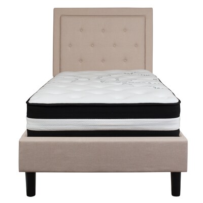 Flash Furniture Roxbury Tufted Upholstered Platform Bed in Beige Fabric with Pocket Spring Mattress, Twin (SLBM17)