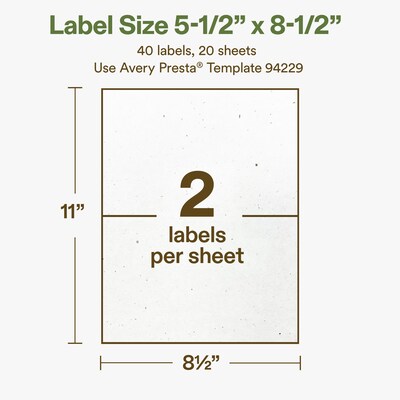 Avery Hemp Rectangle Laser/Inkjet Multipurpose Labels, 5-1/2" x 8-1/2", Off-White (40/Pack)