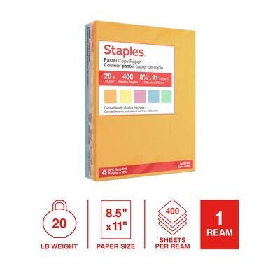 Staples Recycled Pastel Multipurpose Paper, 20 lbs., 8.5-inch x 11-inch, Assorted, 400 Sheets/Pack