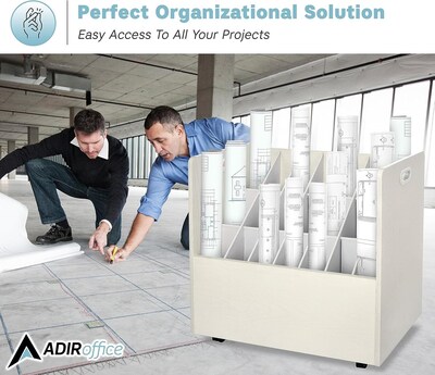 AdirOffice 21-Slot Mobile Roll File, Lockable, 28.5"H x 30"W x 15.75"D, White (625-WHI-KIT1)