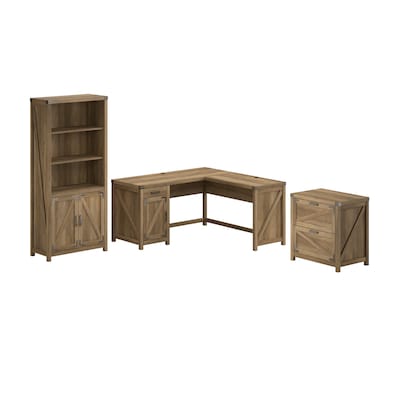 Bush Furniture Knoxville 60W L Shaped Desk with Lateral File Cabinet and 5 Shelf Bookcase, Reclaime