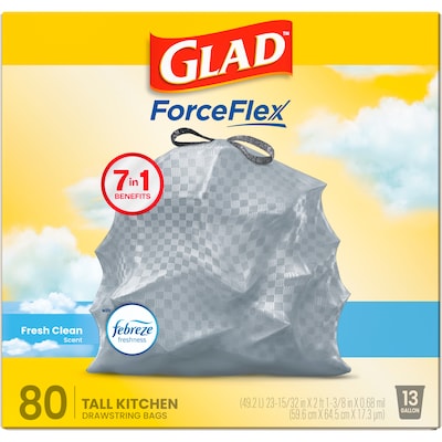 Glad ForceFlex Tall 13 Gallon Drawstring Kitchen Trash Bag, Fresh Clean with Febreze Freshness, White, 80 Total Bags (78534)