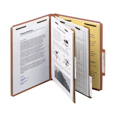 Smead 100% Recycled Pressboard Classification Folders, 2" Expansion, Letter Size, 2 Dividers, Red, 10/Box (14024)