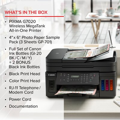 Canon MegaTank PIXMA G7020 Wireless Color Inkjet Printer, All-In-One Supertank, Print, Scan, Copy, Fax (3114C002)