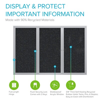 Ghent 4' H x 8' W Enclosed Recycled Rubber Bulletin Board with Satin Frame, 3 Door, Confetti (PA34896TR-CF)