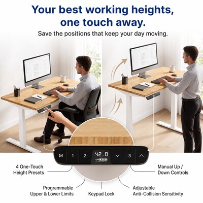 Uncaged Ergonomics Rise Up 60"W Electric Adjustable Bamboo Standing Desk, Natural/White (RUWB)