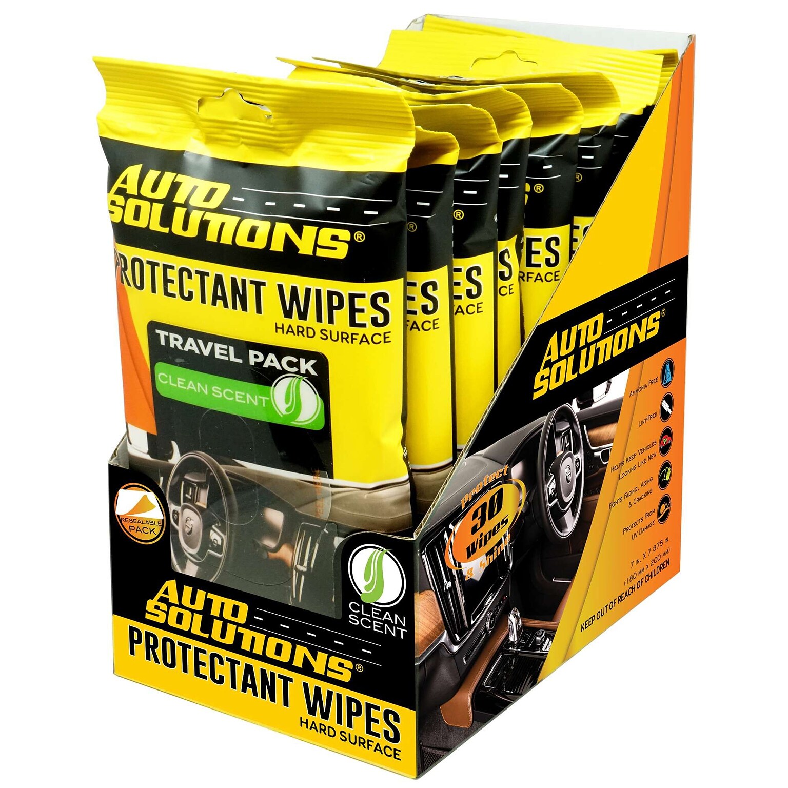 Auto Solutions Protectant Wipes, Yellow & Orange, 30 Wipes/Pack, 8 Packs/Box, 4 Boxes/Carton (15716)