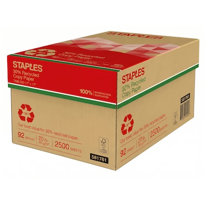 Staples 30% Recycled 11-Inch x 17-Inch Copy Paper 20 lbs 92 Brightness 500/Ream 5 Ream/Count