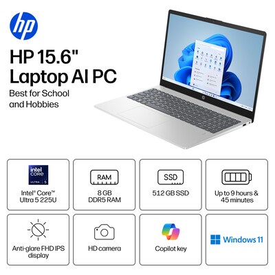 HP 15.6 FHD AI Laptop, Intel Core Ultra  5 225U, 8GB RAM, 512GB SSD, +9 Hours Battery, Windows 11 Home