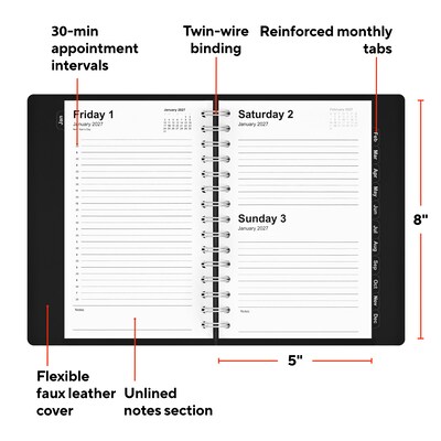 2027 Staples 5 x 8 Daily Appointment Book, Faux Leather Cover, Black (ST58452-27)