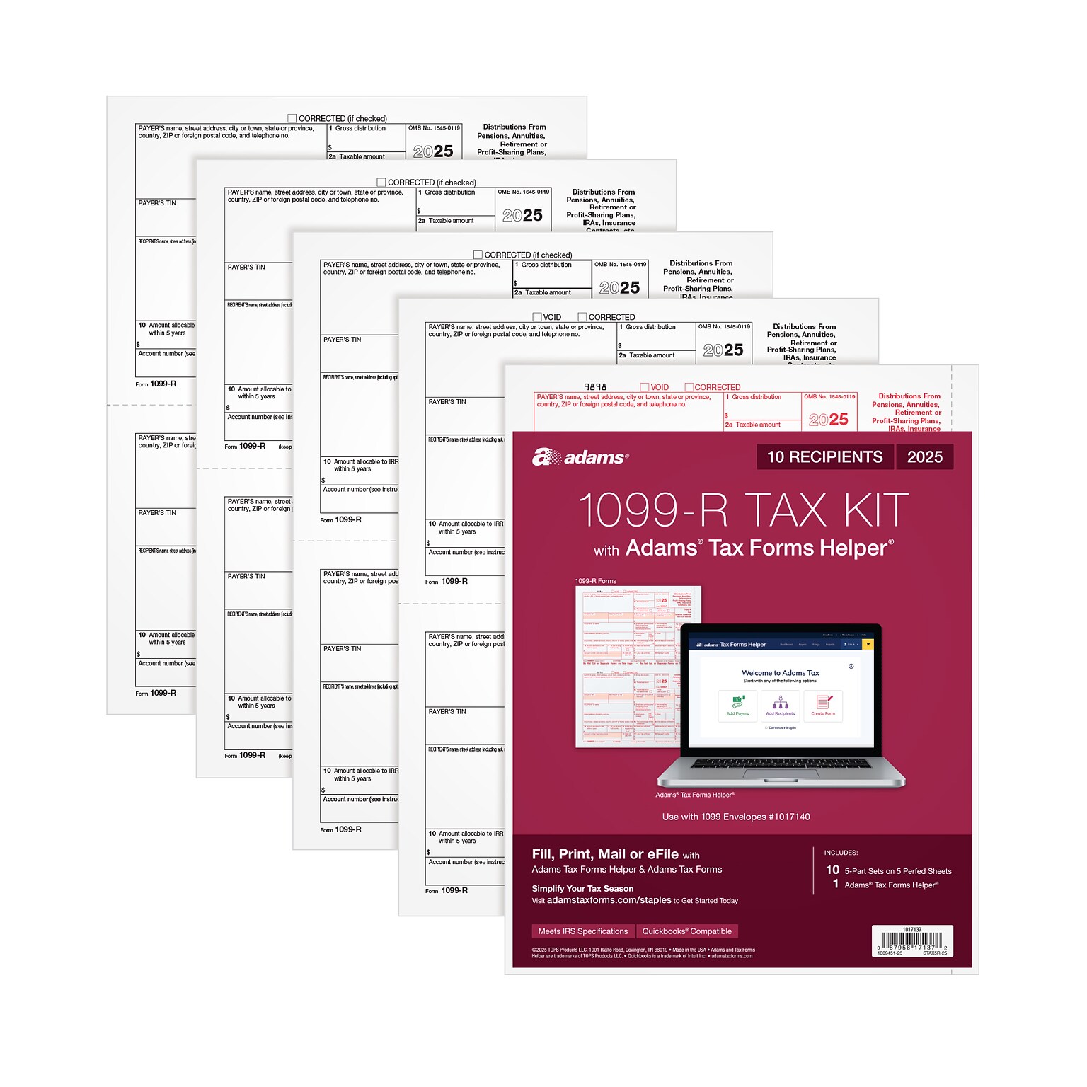 Adams 2025 1099-R Tax Forms Kit, 5-Part, 2-Up, 10/Pack (STAX5R-25)