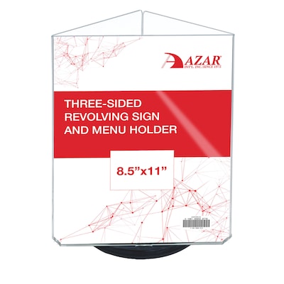 Azar Letter 8.5 x 11 3-Sided Rotating Menu Sign Holder, Desktop/Countertop, Top Loading, Clear, Acrylic (193732-BLK)